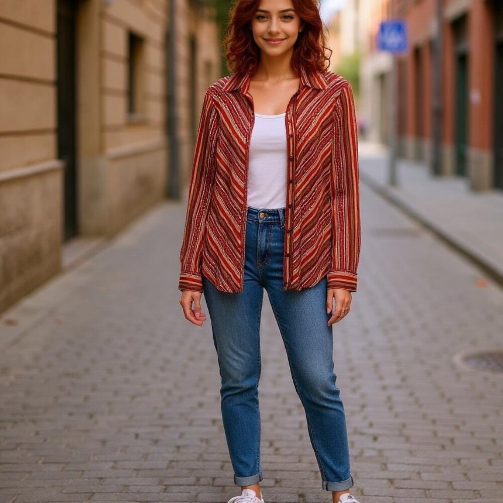 Ninety Multicolor Vibrant Vintage Style Striped Button Up Shirt